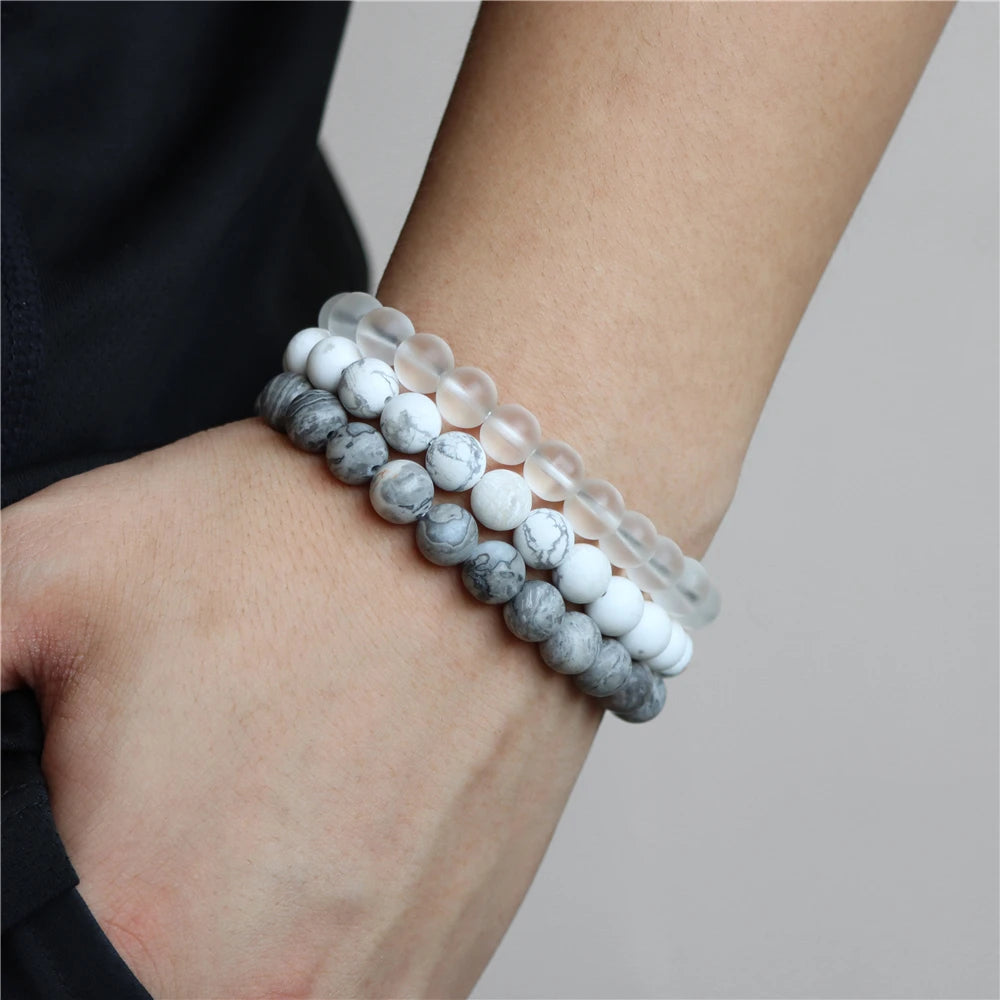 8mm Black White Natural Stone Bracelet Handmade Matte Opal Beaded Bracelets Energy Yoga Male Bracelet for Men Women Jewelry Gift