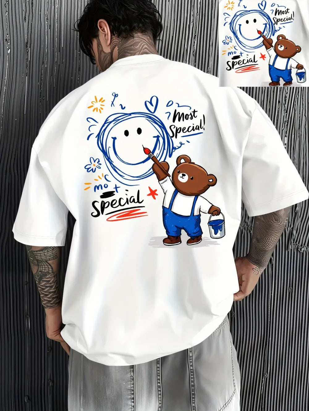 New Men's Summer Personalized Teddy Bear Graffiti Printed Micro Elastic Breathable Round Neck T-shirt Outdoor Street Top