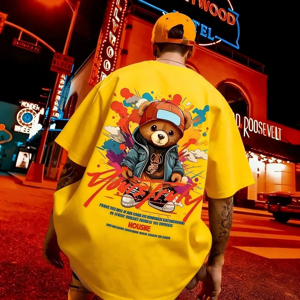 European and American men's summer fun teddy bear graffiti print soft and breathable round neck T-shirt outdoor street top