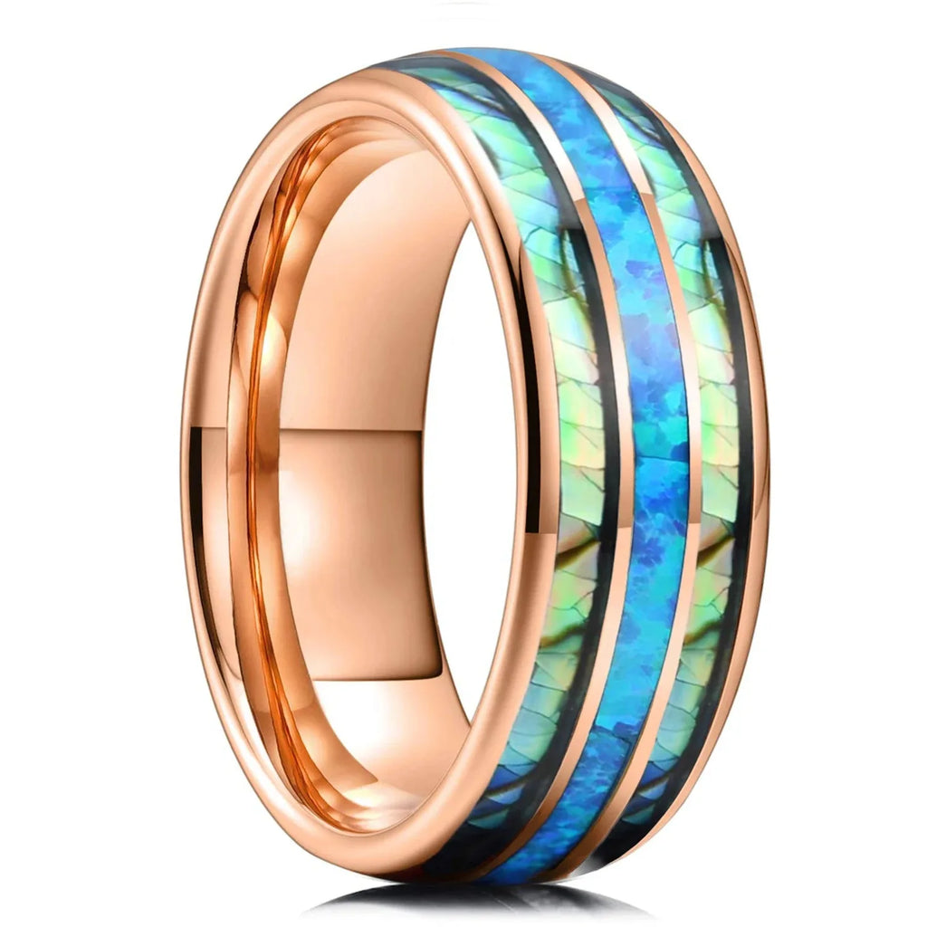 Fashion 8MM Gold Color Men Stainless Steel Ring Pink Abalone Shell Inlay Rings For Men Women Wedding Engagement Jewelry Gift