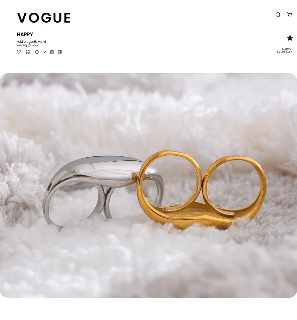 Yhpup Stainless Steel Metal Double Finger Geometric Ring Personality Rust Proof Attractive Big Exaggerated Jewelry Gift