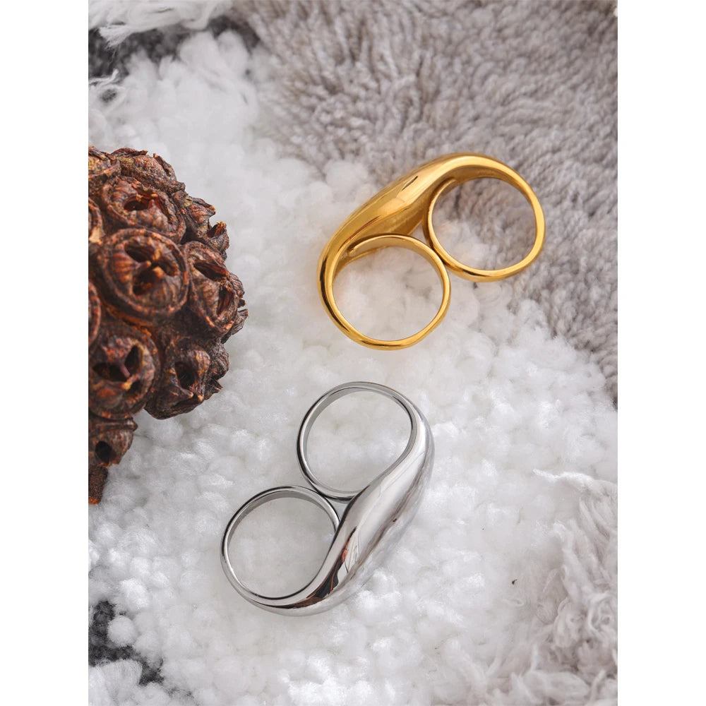 Yhpup Stainless Steel Metal Double Finger Geometric Ring Personality Rust Proof Attractive Big Exaggerated Jewelry Gift