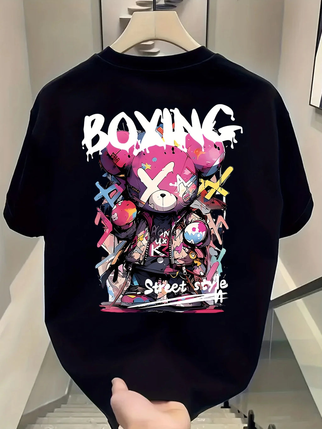 Summer Men's Street Trend Cartoon Bear Print Short-Sleeved T-Shirt Outdoor Comfort Relaxing Breathable Loose 100% Cotton Shirt