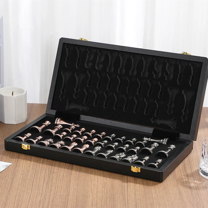High end metal chess pieces, 38cm/15 inches, ebony wooden chessboard, providing foldable classic games for chess enthusiasts