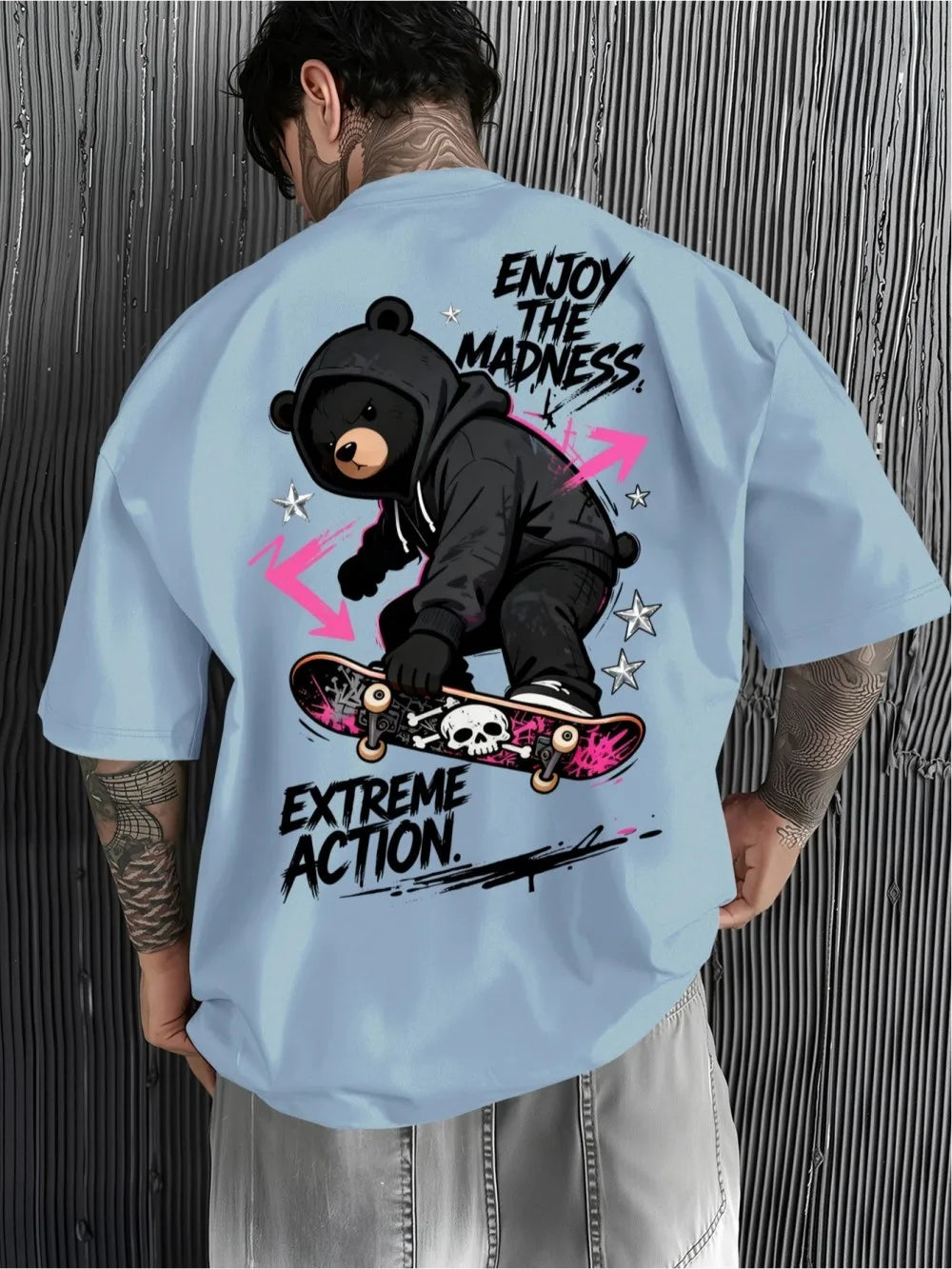 American men's summer teddy bear skateboard letter print comfortable and breathable round neck T-shirt outdoor street sports top