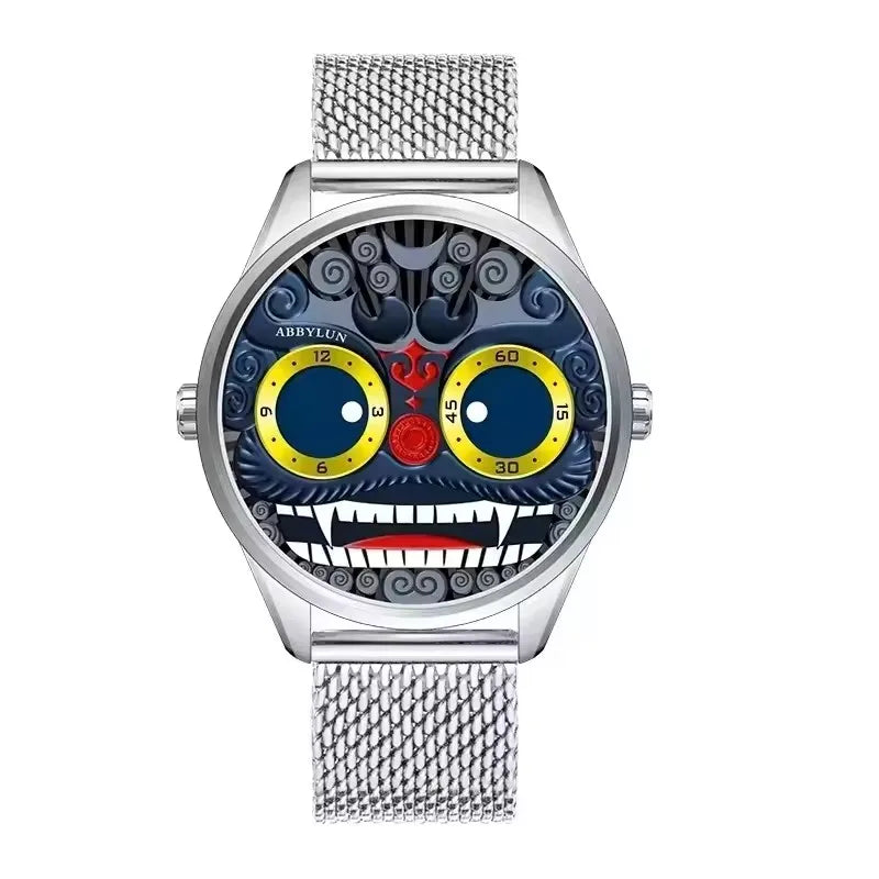 ABBYLUN 1363 Men's Quartz Watch Gold Clown Lion Creative Personalized Design Dial Leather Strap Cool Men's Watch montre homme