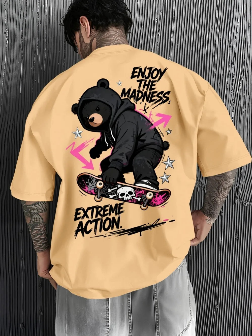 American men's summer teddy bear skateboard letter print comfortable and breathable round neck T-shirt outdoor street sports top