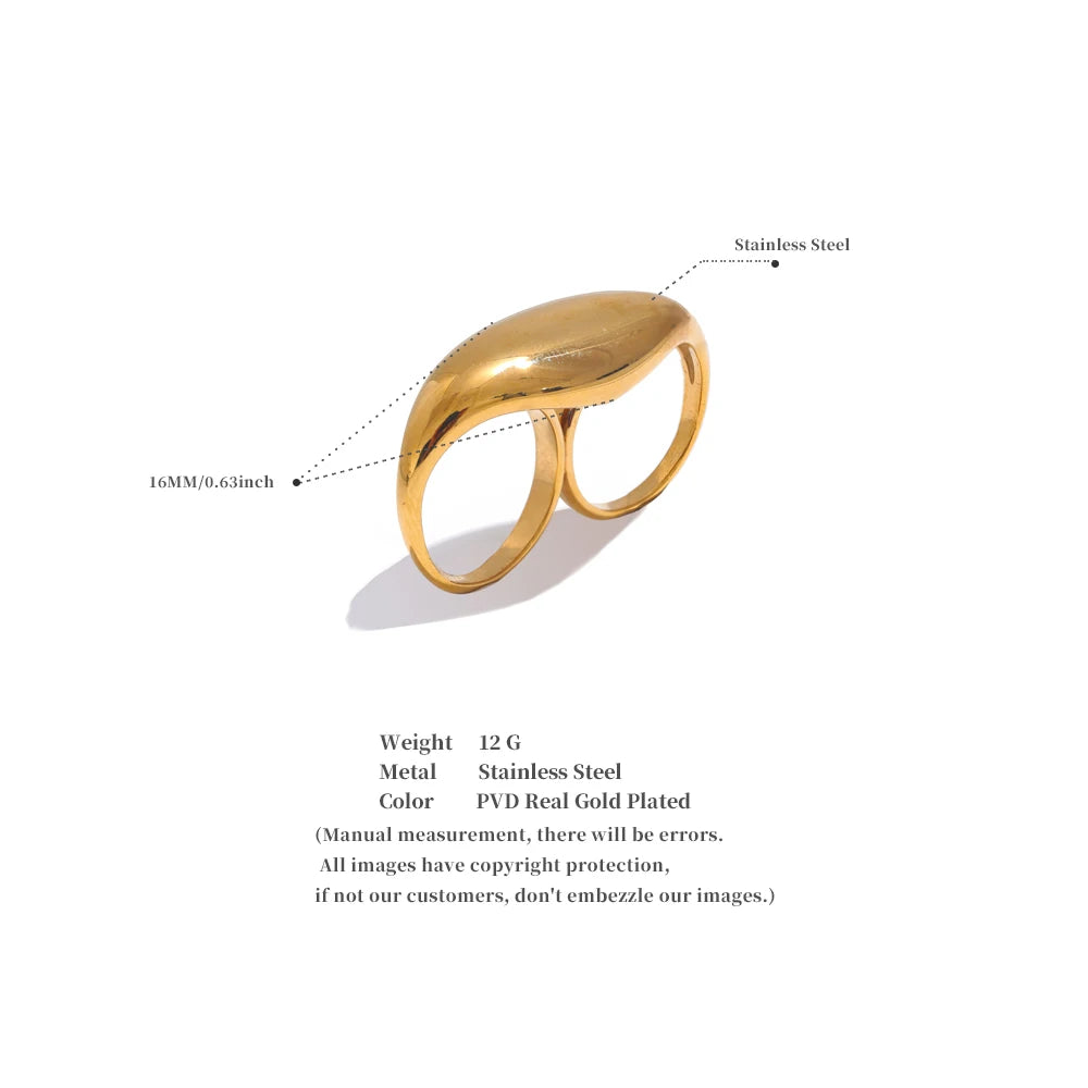 Yhpup Stainless Steel Metal Double Finger Geometric Ring Personality Rust Proof Attractive Big Exaggerated Jewelry Gift