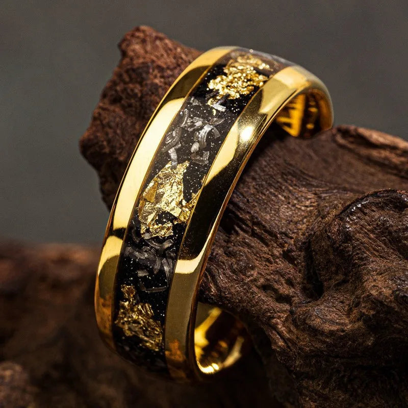 8MM Fashion Stainless Steel Rings Inlay Meteorite Abalone Shell Steel Rings For Men Women Wedding Engagement Band Jewelry Gift
