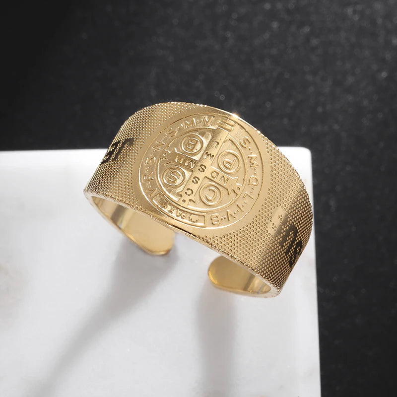 Stainless Steel Catholic Exorcist Saint Benedict Religious Adjustable Size Ring Christian Religious Prayer Jewelry for Men Women