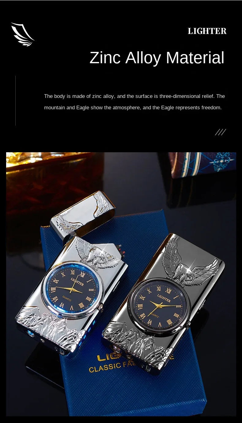 USB Rechargeable Dual Arc Metal Windproof Multifunction Lighter, Eagle Engraved Luminous Dial, LED Lighting Cigarette Lighter