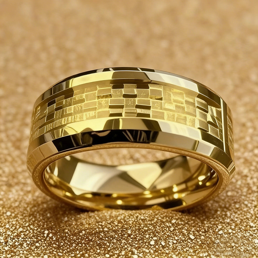 Gold Color Carbon Fiber Inlay Rings For Men, Luxury 8MM Men Gold Color Stainless Steel Rings, Wedding Band Jewelry Drop Shipping