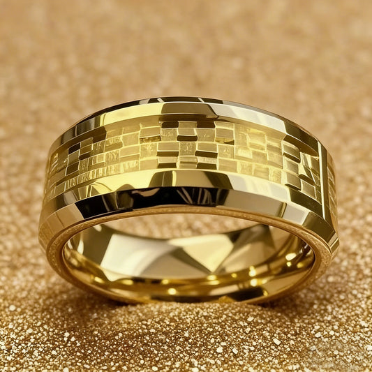 Gold Color Carbon Fiber Inlay Rings For Men, Luxury 8MM Men Gold Color Stainless Steel Rings, Wedding Band Jewelry Drop Shipping