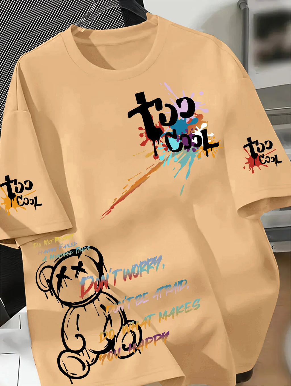 Men's Hip Hop Graffiti Bear Print T Shirt - "Too Cool" Streetwear Short Sleeve Tee Casual Fashion Tops