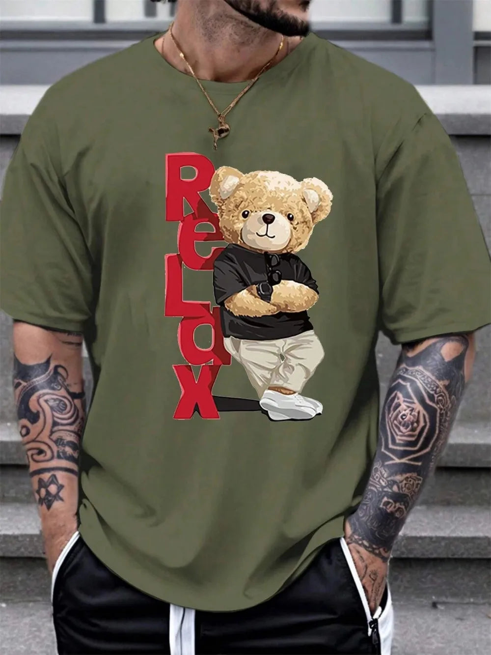 European and American men's summer new teddy bear letter print comfortable leak tight round neck T-shirt outdoor casual top