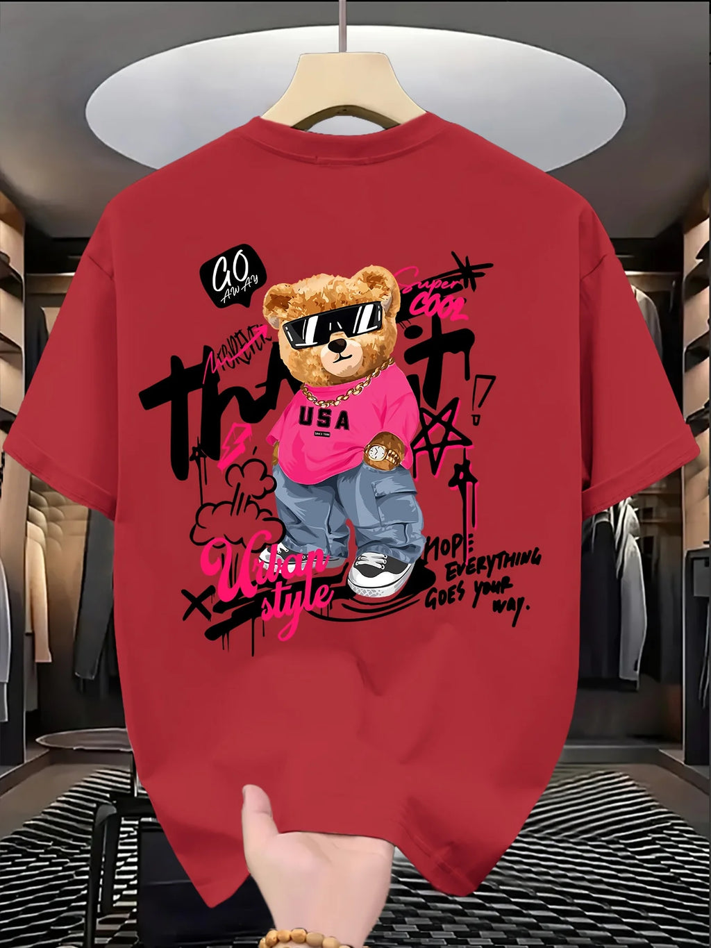 Best-selling Fashion Cute Bear Print 100% Cotton Trendy Men T-shirt Summer Daily Outdoor Sports Casual Loose Street Short-sleeve