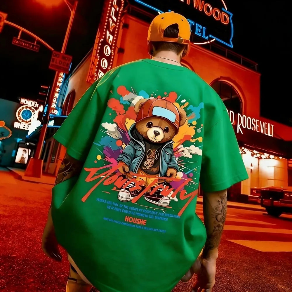 European and American men's summer fun teddy bear graffiti print soft and breathable round neck T-shirt outdoor street top