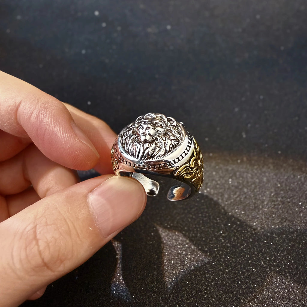 Retro Lion Golden Ivy Vine Adjustable Open Ring For Men Punk Gothic Edgy Copper Jewelry Bikers Accessories Male Charm Gift