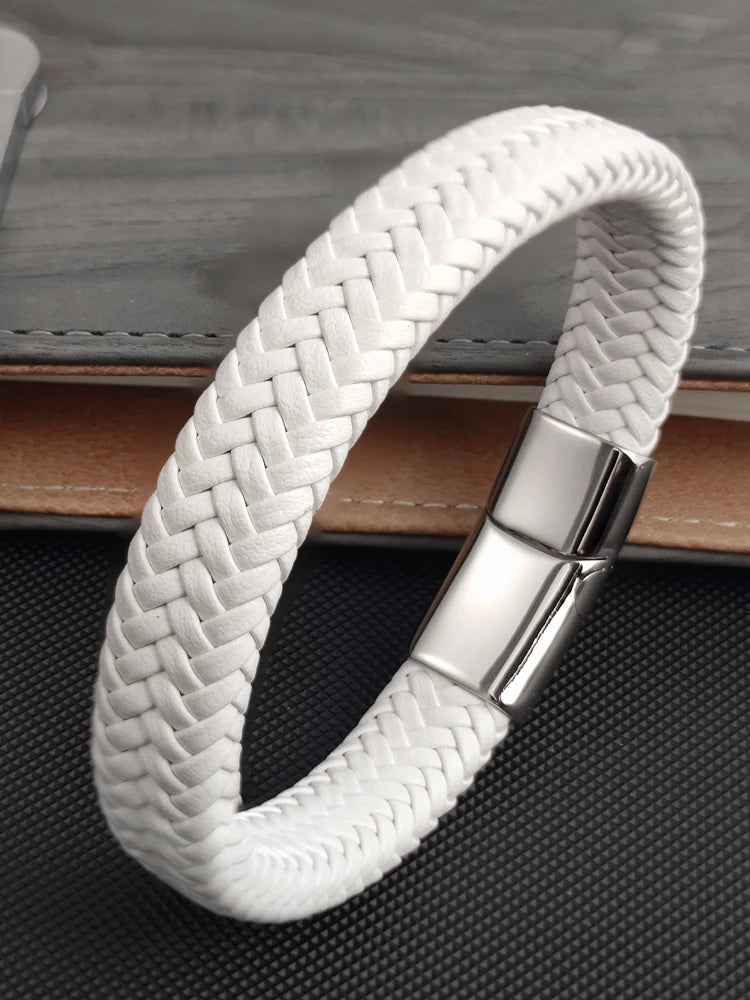 Fashion Simple White Leather Braid Bracelet Stainless Steel Buckle Clasps for Men Handmade Bangle Wholesale Charm Jewelry Gift