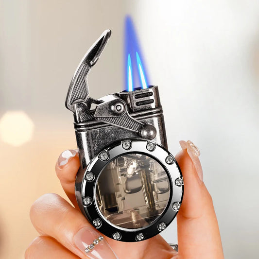 Personalized Rocker Double Straight Blue Flame Lighter Transparent Air Chamber Inflatable Lighter Men's High-end Business Gift