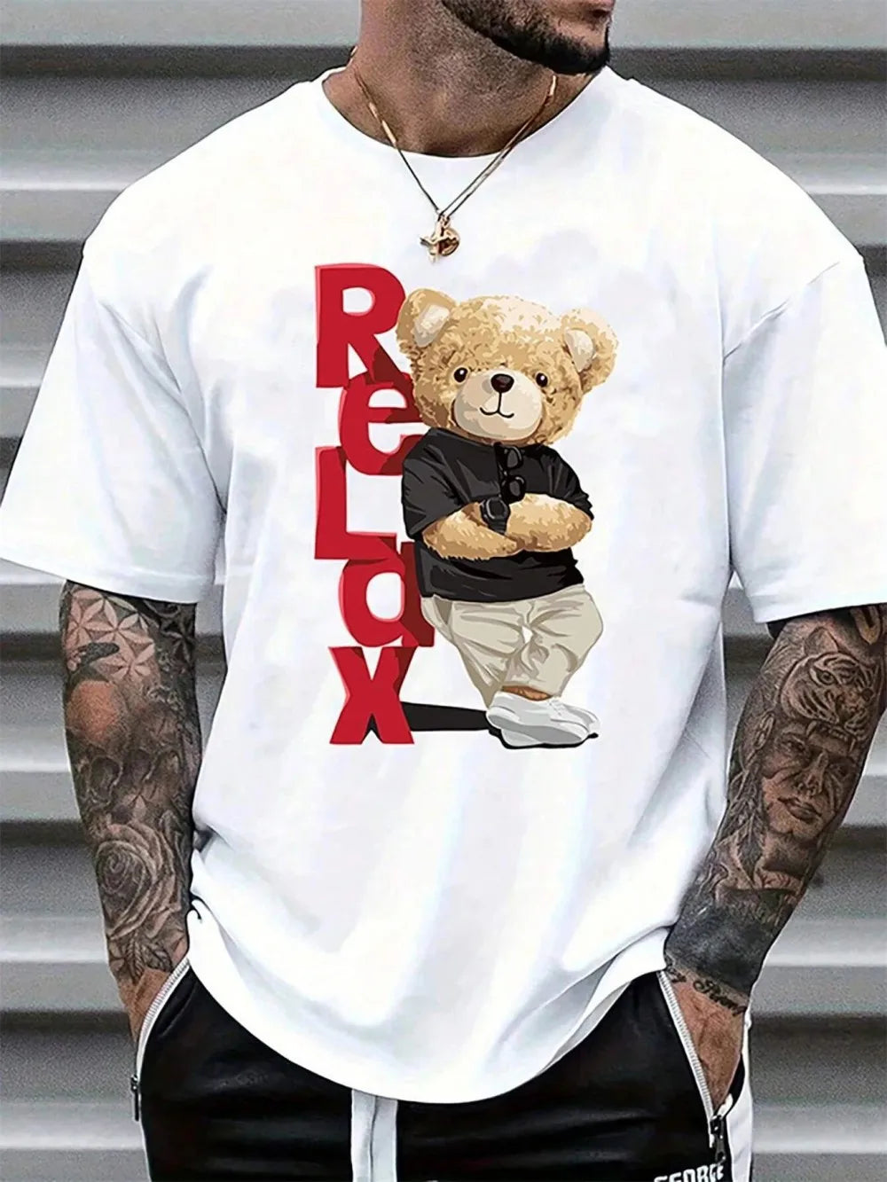 European and American men's summer new teddy bear letter print comfortable leak tight round neck T-shirt outdoor casual top
