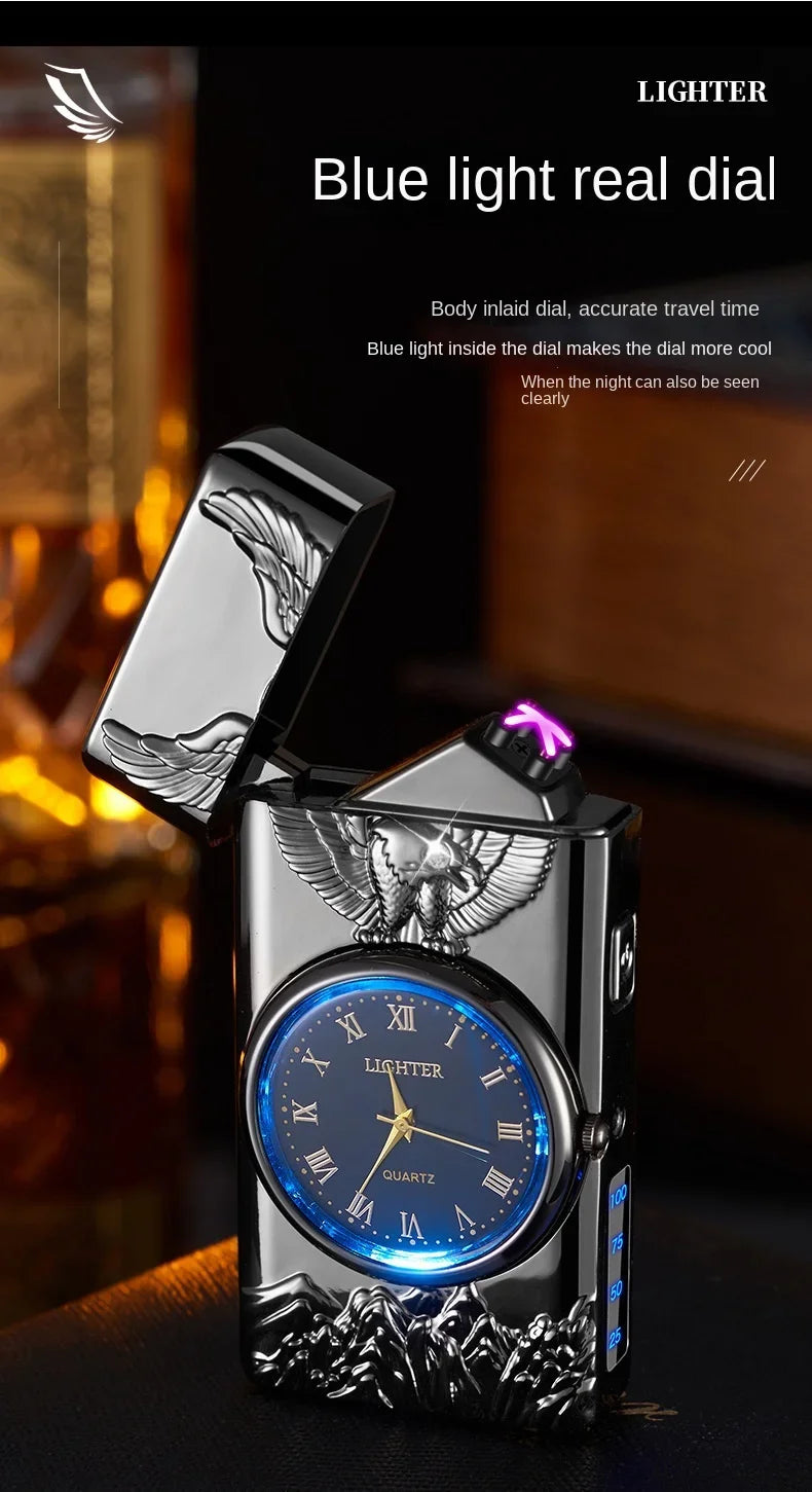 USB Rechargeable Dual Arc Metal Windproof Multifunction Lighter, Eagle Engraved Luminous Dial, LED Lighting Cigarette Lighter