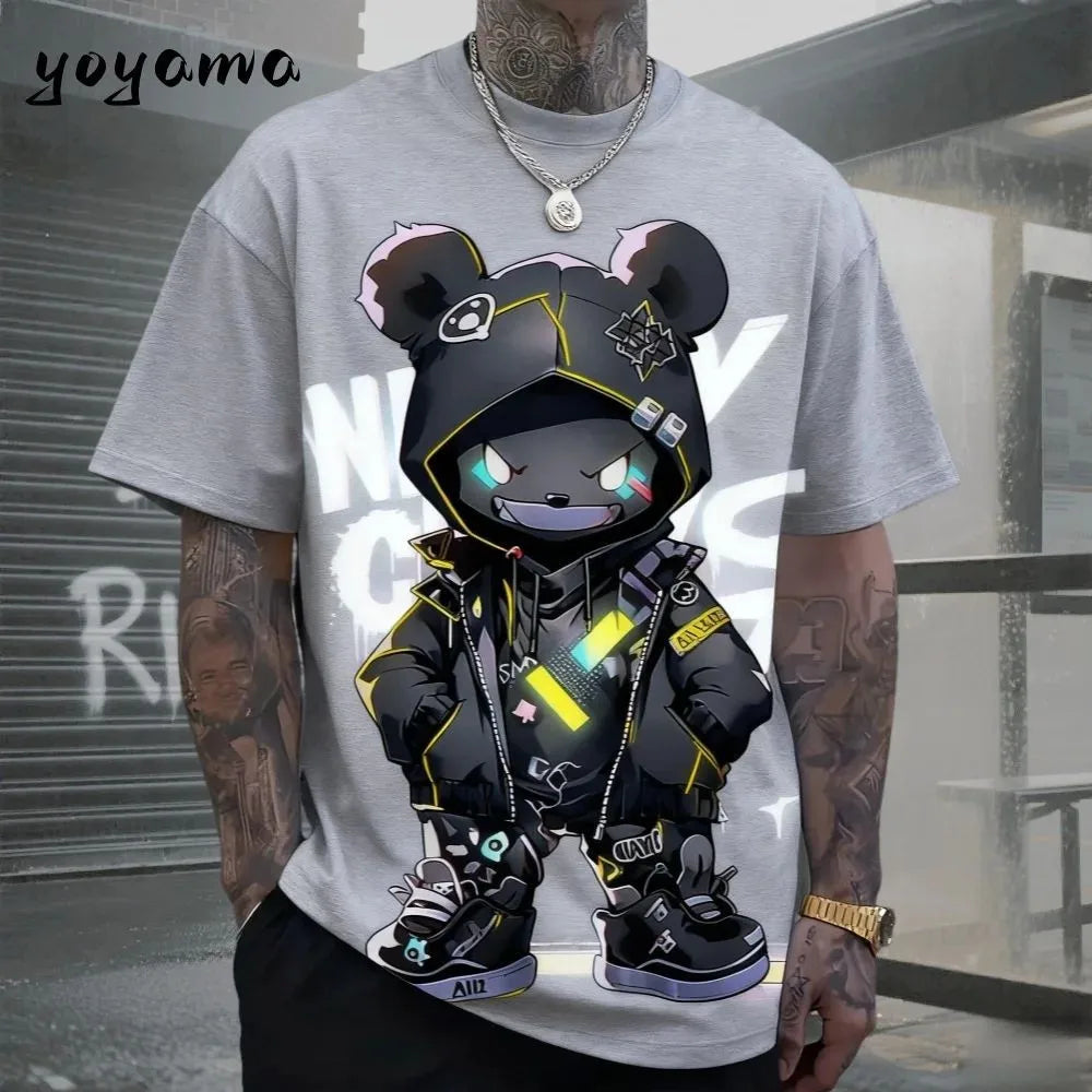 European and American men's summer cool teddy bear print comfortable and breathable round neck T-shirt outdoor street top