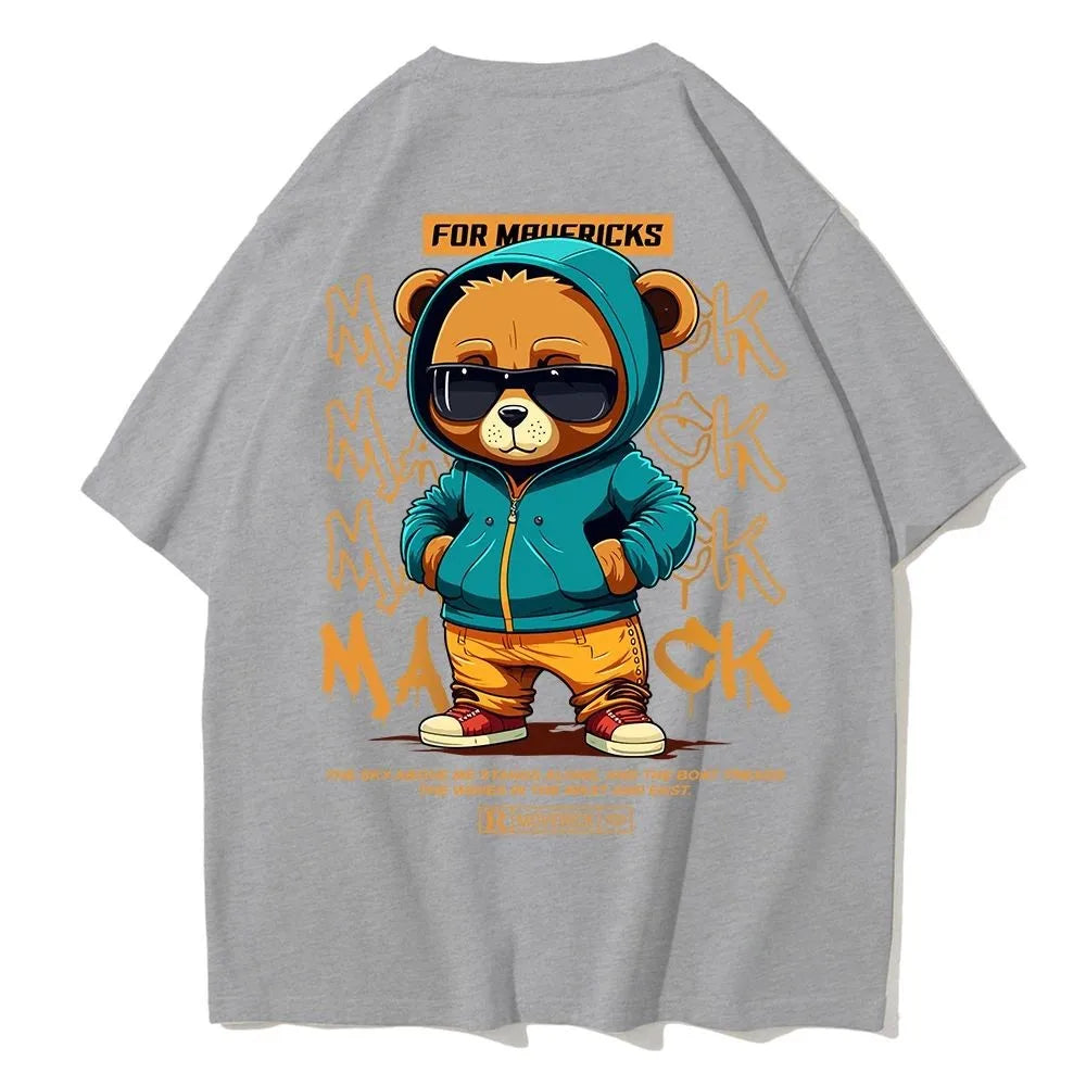 American men's summer personalized cartoon teddy bear letter print soft and breathable round neck T-shirt outdoor street top