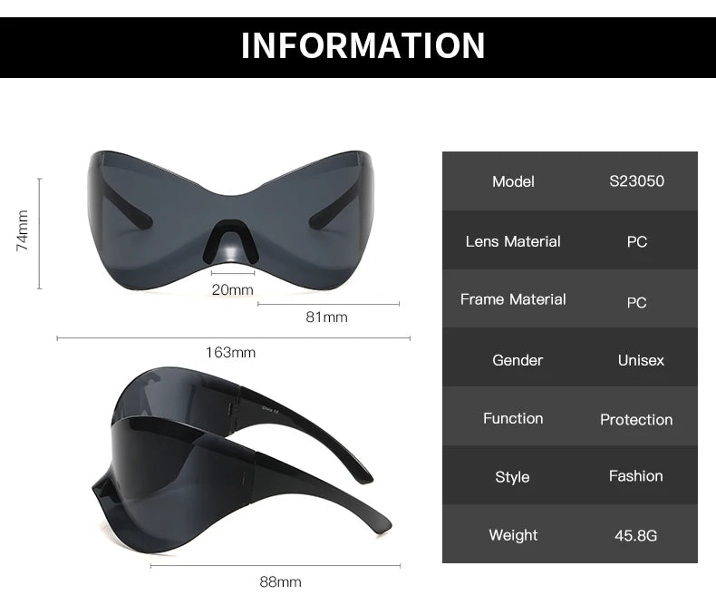 Cycling New Oversized Y2K Punk Rimless Sunglasses Women Men Brand Designer Hip Hop Sport One Piece Sun Glasses Shades Goggles
