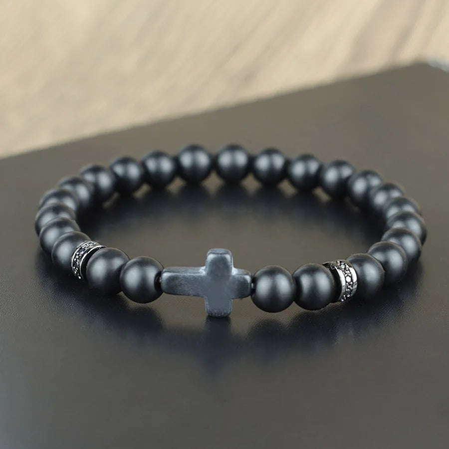 Men Crucifix Beaded Bracelet Onyx White Howlite Healing Braclet Charms Natural Stone Prayer Wristbands Stretch Religious Jewelry