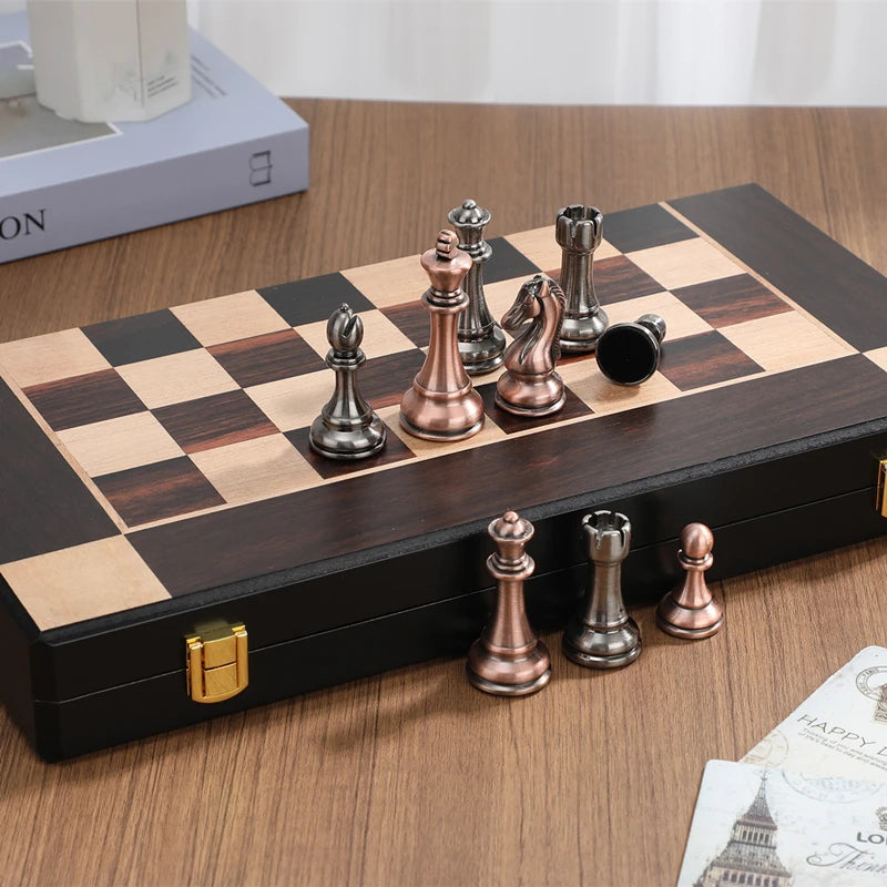 High end metal chess pieces, 38cm/15 inches, ebony wooden chessboard, providing foldable classic games for chess enthusiasts
