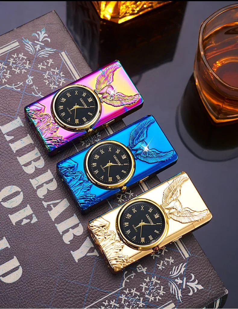 USB Rechargeable Dual Arc Metal Windproof Multifunction Lighter, Eagle Engraved Luminous Dial, LED Lighting Cigarette Lighter