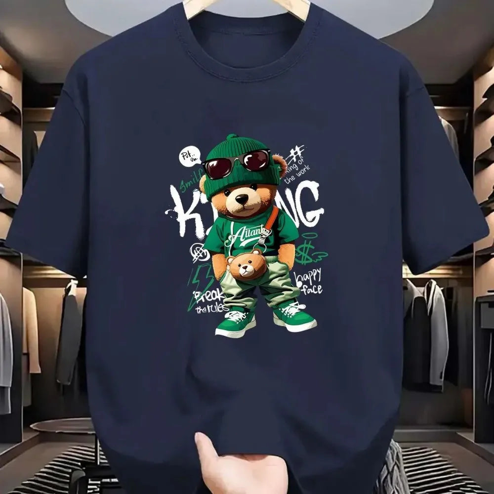 New Men's Summer Fashionable Breathable Round Neck T-shirt Large Geometric Bear Sneaker Pattern Printed Outdoor Casual Top