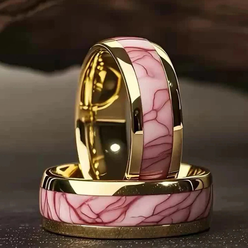 Fashion 8MM Gold Color Men Stainless Steel Ring Pink Abalone Shell Inlay Rings For Men Women Wedding Engagement Jewelry Gift