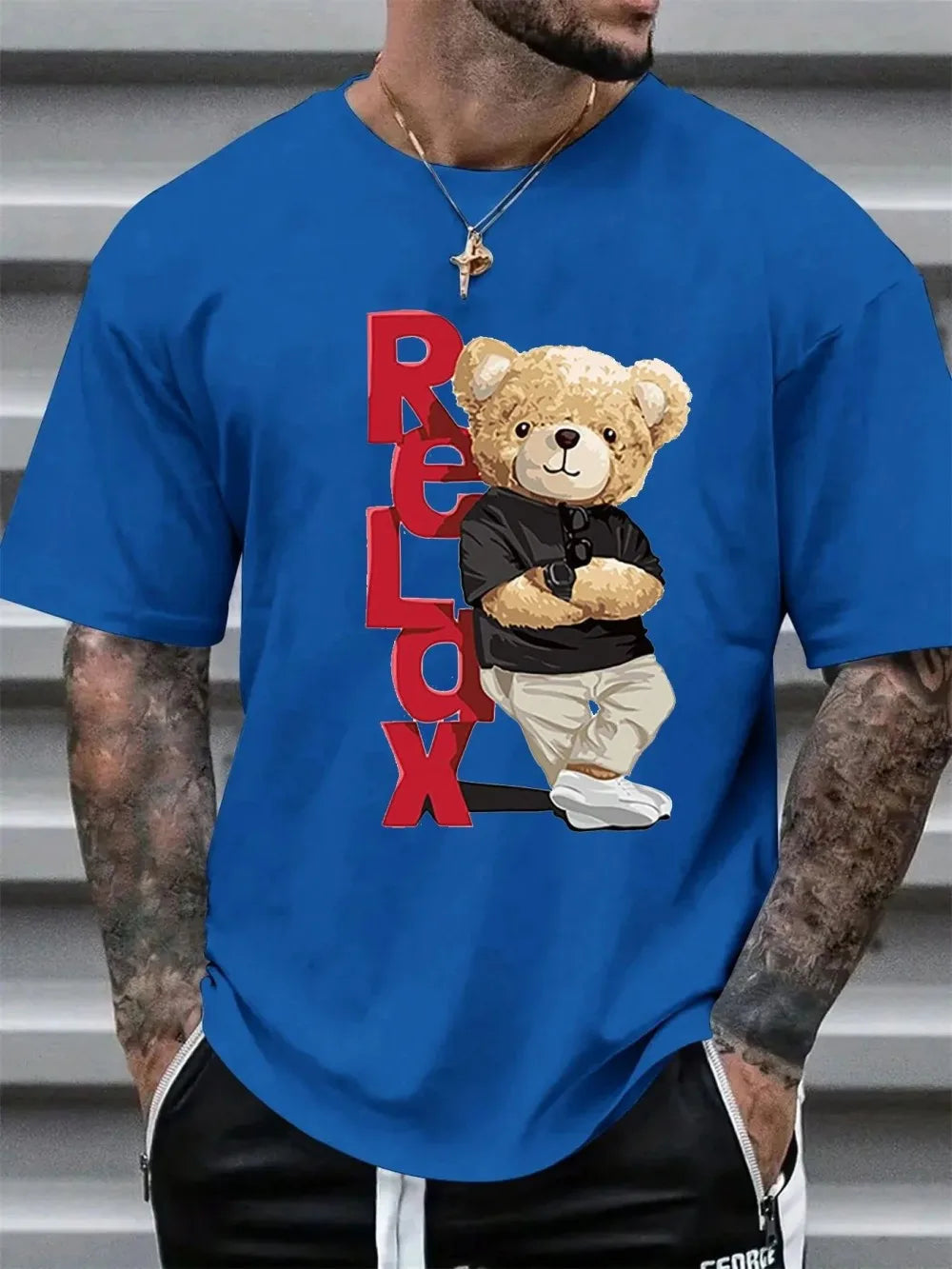 European and American men's summer new teddy bear letter print comfortable leak tight round neck T-shirt outdoor casual top