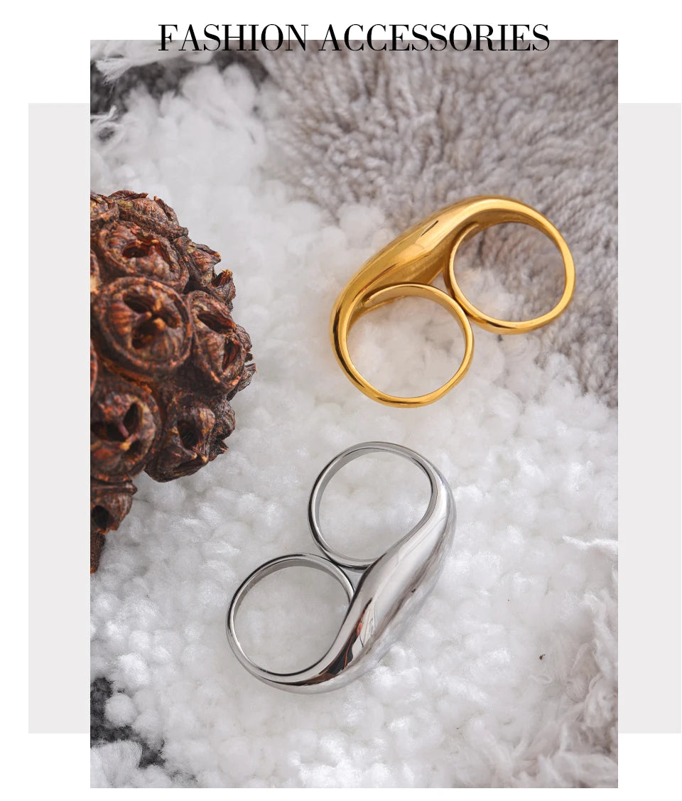 Yhpup Stainless Steel Metal Double Finger Geometric Ring Personality Rust Proof Attractive Big Exaggerated Jewelry Gift