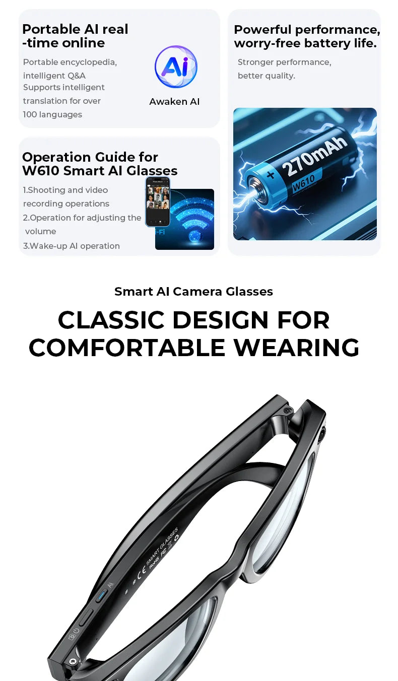 Multifunctional  Smart AI Camera Glasses with 8MP 140+ Languages Real-Time Translation Bluetooth Music 1080P Video Recording