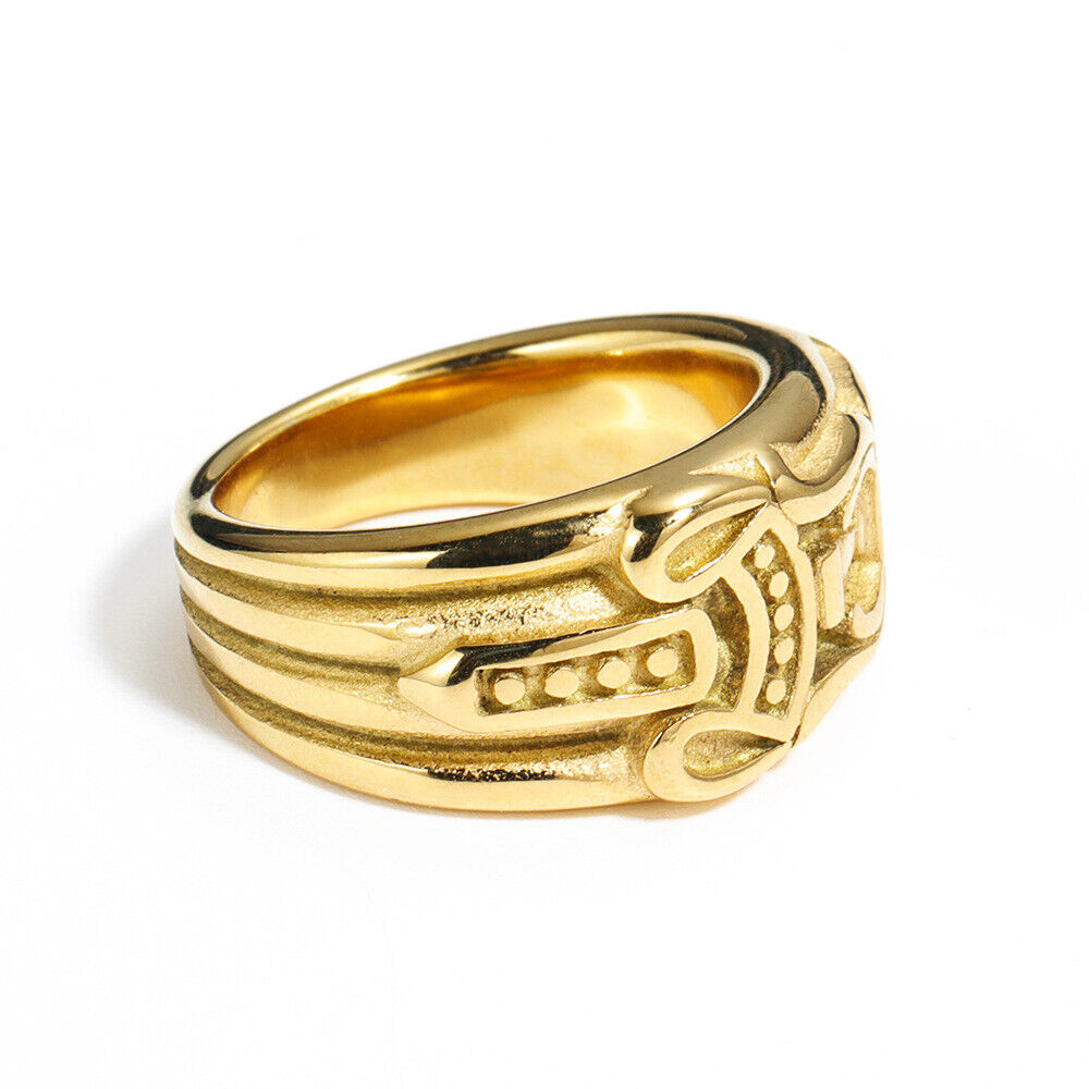 Mens Punk Fashion Jewelry 18K Gold Plated Stainless Steel Sword Ring Size 7-13