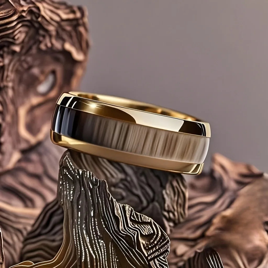 Fashion 8MM Gold Color Men Stainless Steel Ring Pink Abalone Shell Inlay Rings For Men Women Wedding Engagement Jewelry Gift