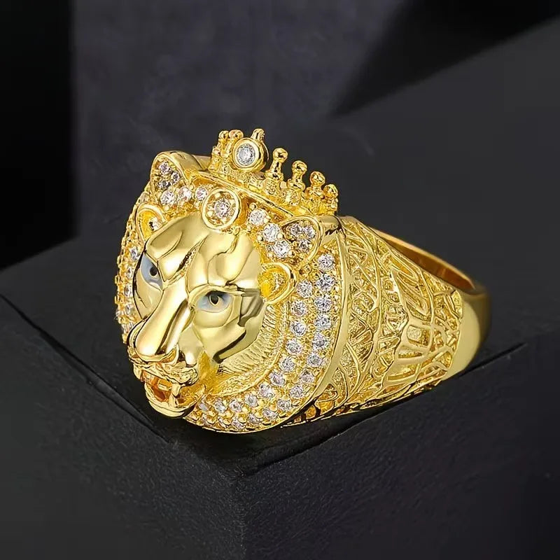 2026 Hot Hip Hop Crown Gold Lion Ring with Iced Out Zirconia, Fashion Jewelry for Men & Women, Perfect Party Gift
