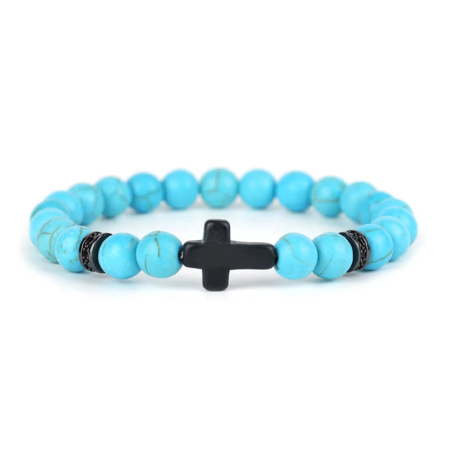 Men Crucifix Beaded Bracelet Onyx White Howlite Healing Braclet Charms Natural Stone Prayer Wristbands Stretch Religious Jewelry
