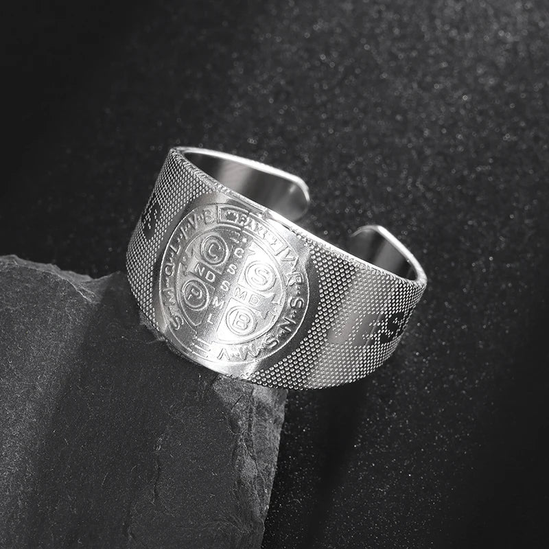 Stainless Steel Catholic Exorcist Saint Benedict Religious Adjustable Size Ring Christian Religious Prayer Jewelry for Men Women