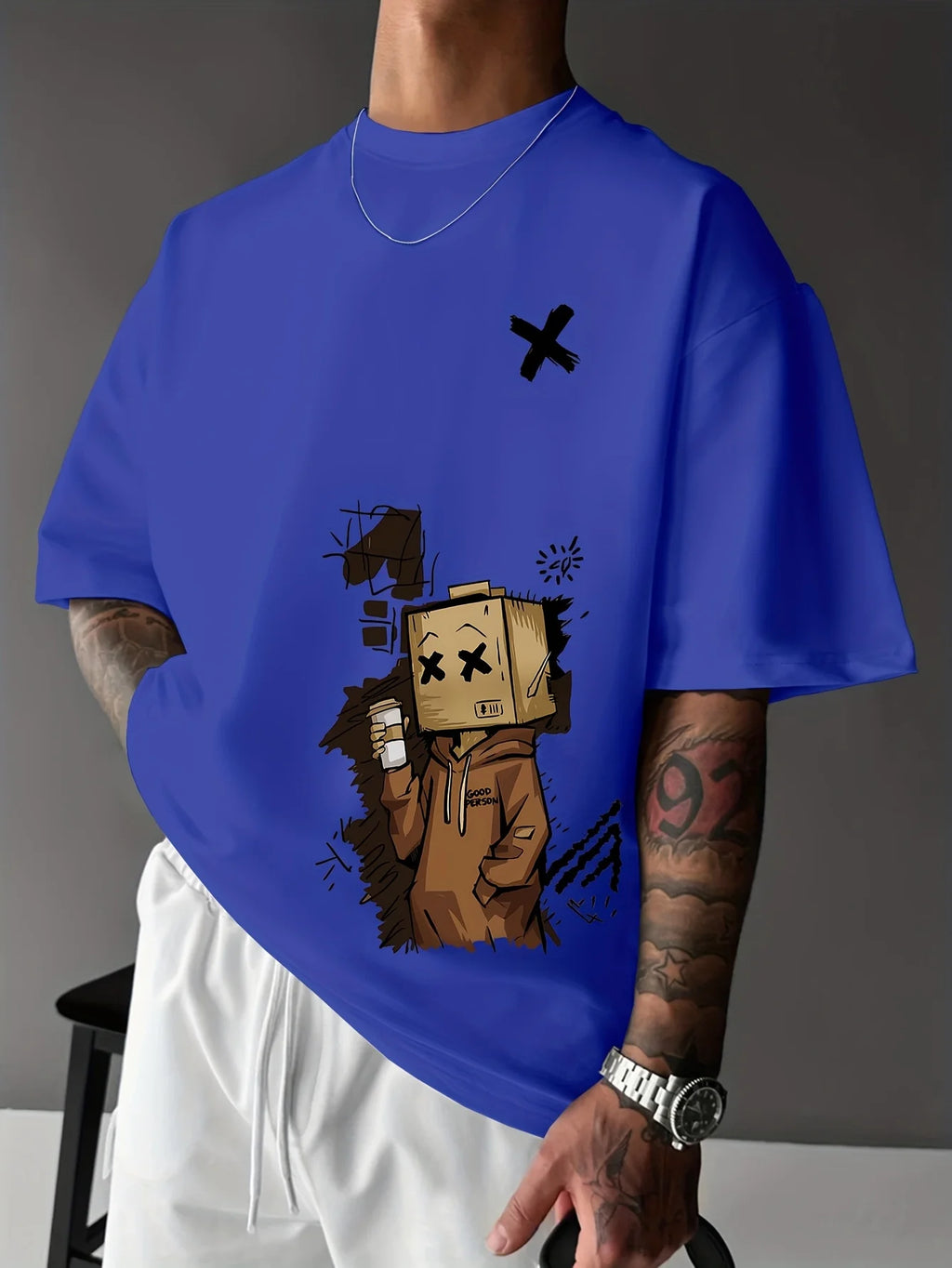 European and American Summer Men's Fashion Cartoon Graffiti Printed Comfortable Breathable Round Neck T-shirt Outdoor Street Top