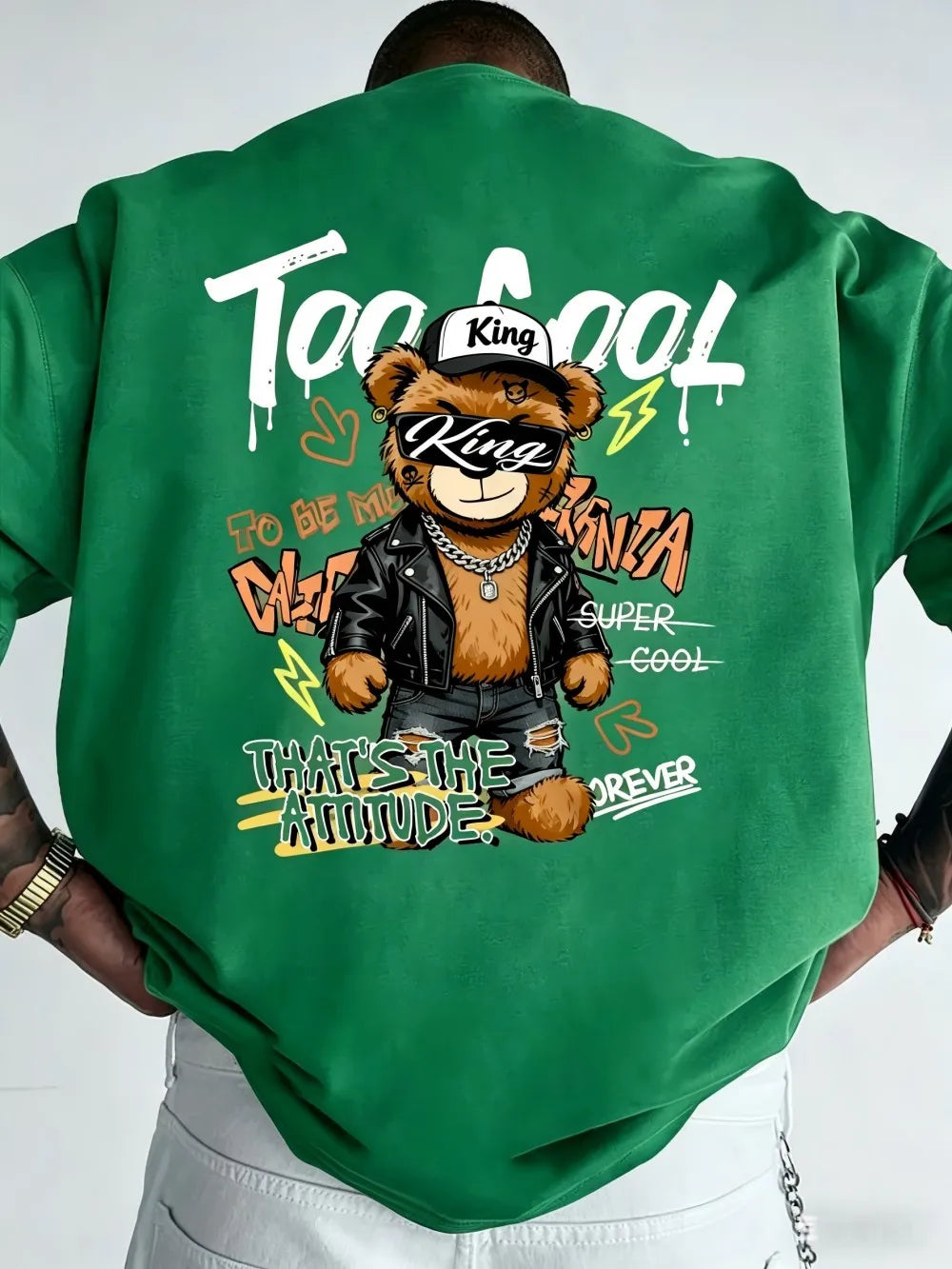 European and American men's summer teddy bear skateboard print comfortable and breathable round neck Tshrit outdoor street top