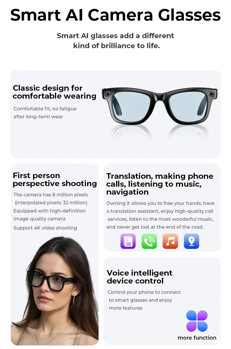 Multifunctional  Smart AI Camera Glasses with 8MP 140+ Languages Real-Time Translation Bluetooth Music 1080P Video Recording