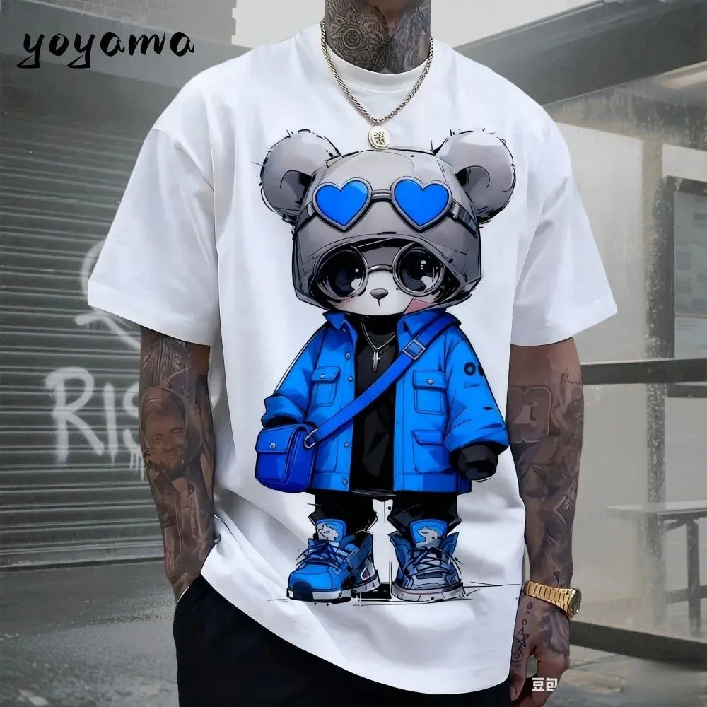 European and American men's summer cool teddy bear print comfortable and breathable round neck T-shirt outdoor street top