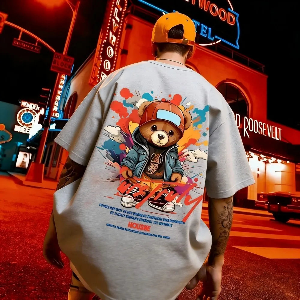 European and American men's summer fun teddy bear graffiti print soft and breathable round neck T-shirt outdoor street top