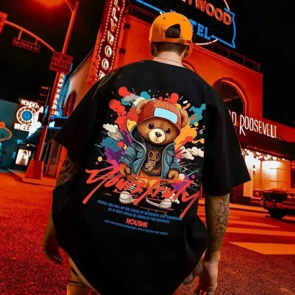 European and American men's summer fun teddy bear graffiti print soft and breathable round neck T-shirt outdoor street top