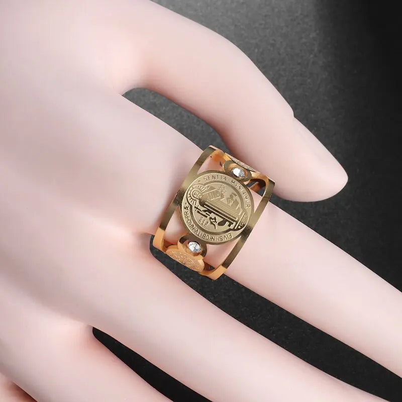 Stainless Steel Catholic Exorcist Saint Benedict Religious Adjustable Size Ring Christian Religious Prayer Jewelry for Men Women